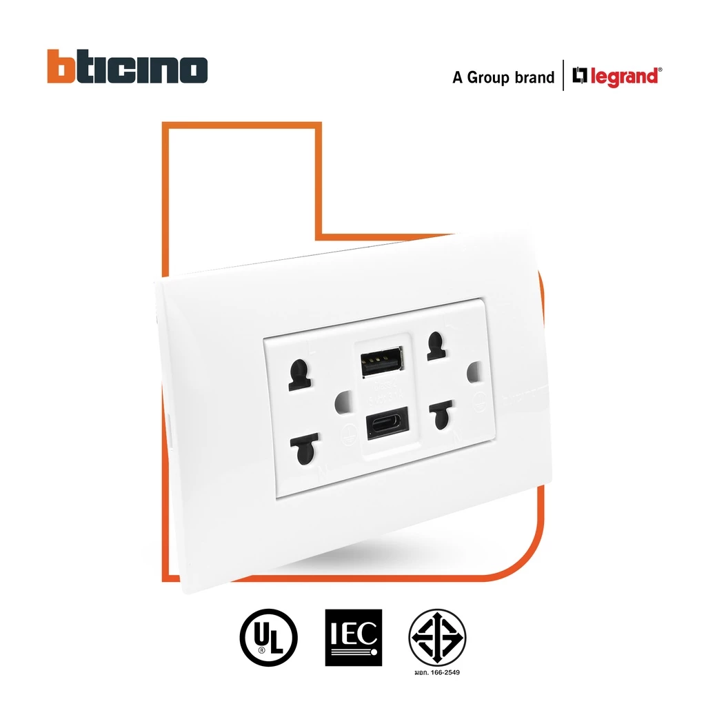 เต้ารับ USB Type A+C+เต้ารับคู่ 3ขา Bamboo