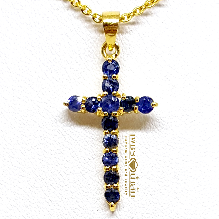 จี้กางเขนพระคริส เล่นลูกเล่นด้วยพลอยไพลิน สีสวยหายาก น้ำงาม Blue Sapphire