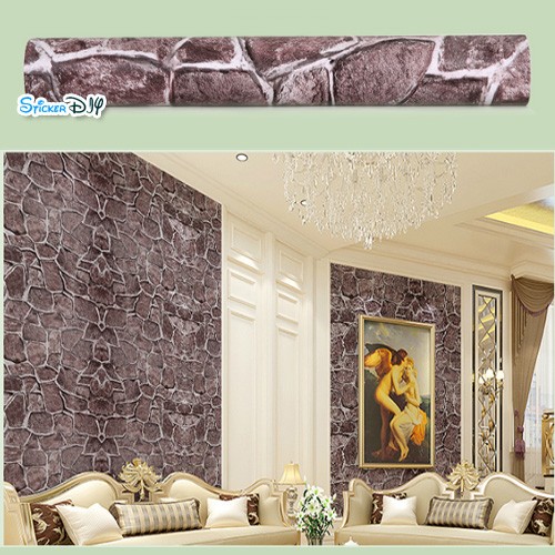 (กว้าง45cm.xยาว10m.)Wallpaper sticker วอลเปเปอร์แบบกาวในตัว หินแผ่น สีโกโก้