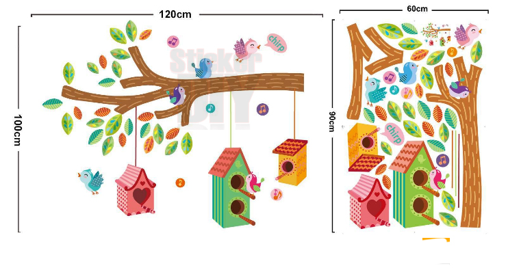 Transparent Wall Sticker สติ๊กเกอร์ติดผนัง บ้านนกบนกิ่งไม้ใหญ่ (กว้าง120cm.xสูง100cm.)