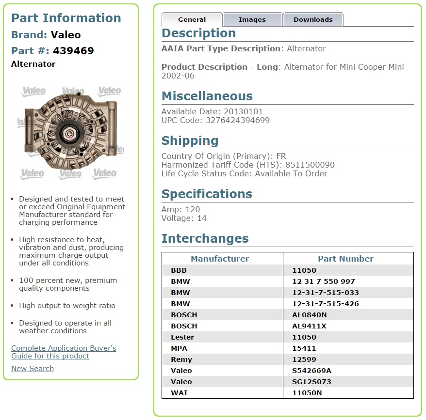 ไดชาร์จ MINI COOPER R50, R53 (120 Amp) / Alternator, VALEO, 7515426 AI02