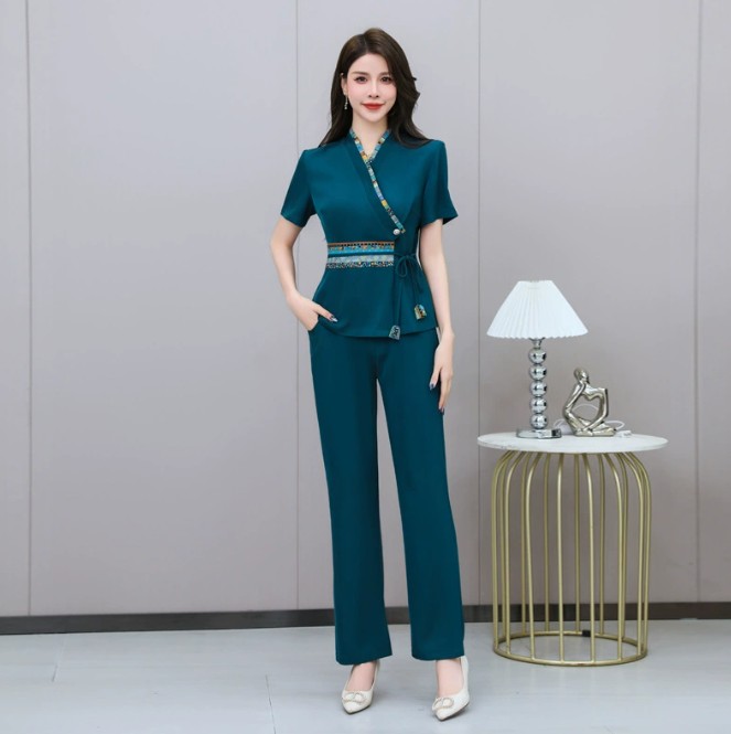 ชุดนวดสปา ชุดเสริมสวย ชุดพนักงานซาวน่า ต้อนรับ สีเขียวอมฟ้า S-5XL