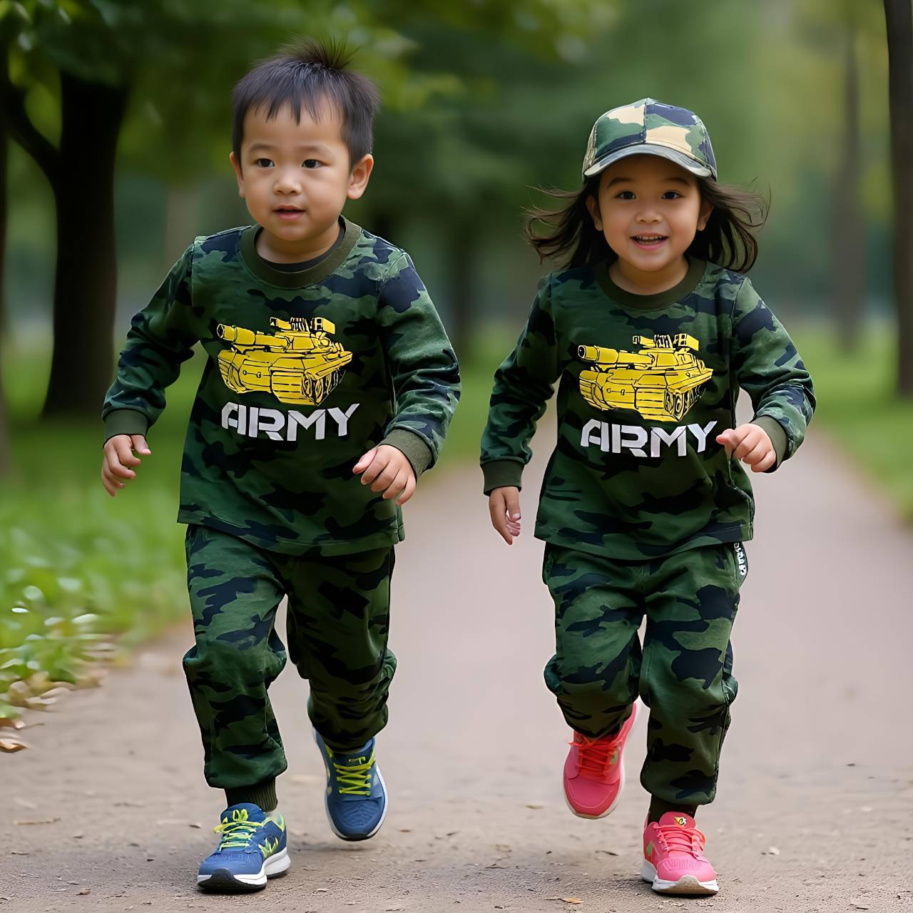 ชุดทหารเด็กผ้ายืดลายพราง แขนยาว ขายาว 2 ชิ้น มีหลายไซร์ ใส่ได้ทั้งูกชาย ลูกสาวค่ะ