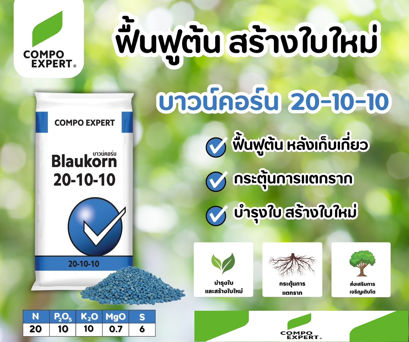 ปุ๋ยเม็ดเยอรมัน เกรดพรีเมี่ยม (ใช้ทางดิน) Blaukorn 20-10-10 บาวน์คอร์น ลูตรบำรุงต้นใบ (Compo Expert) บรรจุ 25 กิโลกรัม
