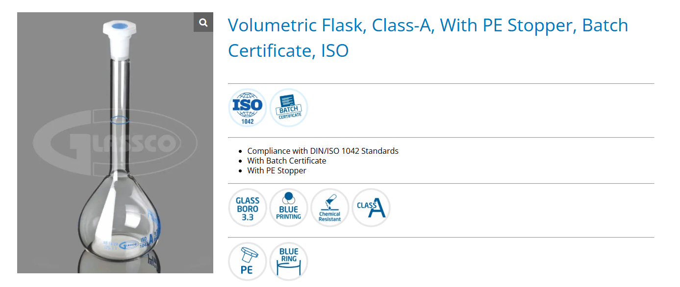 Volumetric Flask Amber scale Class-A With PE Stopper w/Cert Lot - GLASSCO