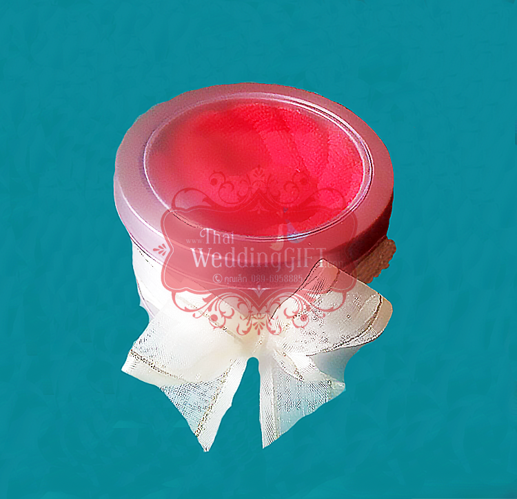ตลับโลหะใส่ของทรงกลมคละสีฝาใส ผูกโบว์พร้อมป้ายชื่อ