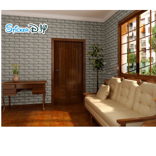 (กว้าง122cm.xยาว5m.) Wallpaper sticker วอลเปเปอร์แบบกาวในตัว ลายอิฐเทาอมเขียว