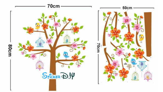 Transparent wall sticker สติ๊กเกอร์ติดผนัง ต้นไม้กรงนกดอกไม้สีสัน (กว้าง70m.xสูง80cm.)