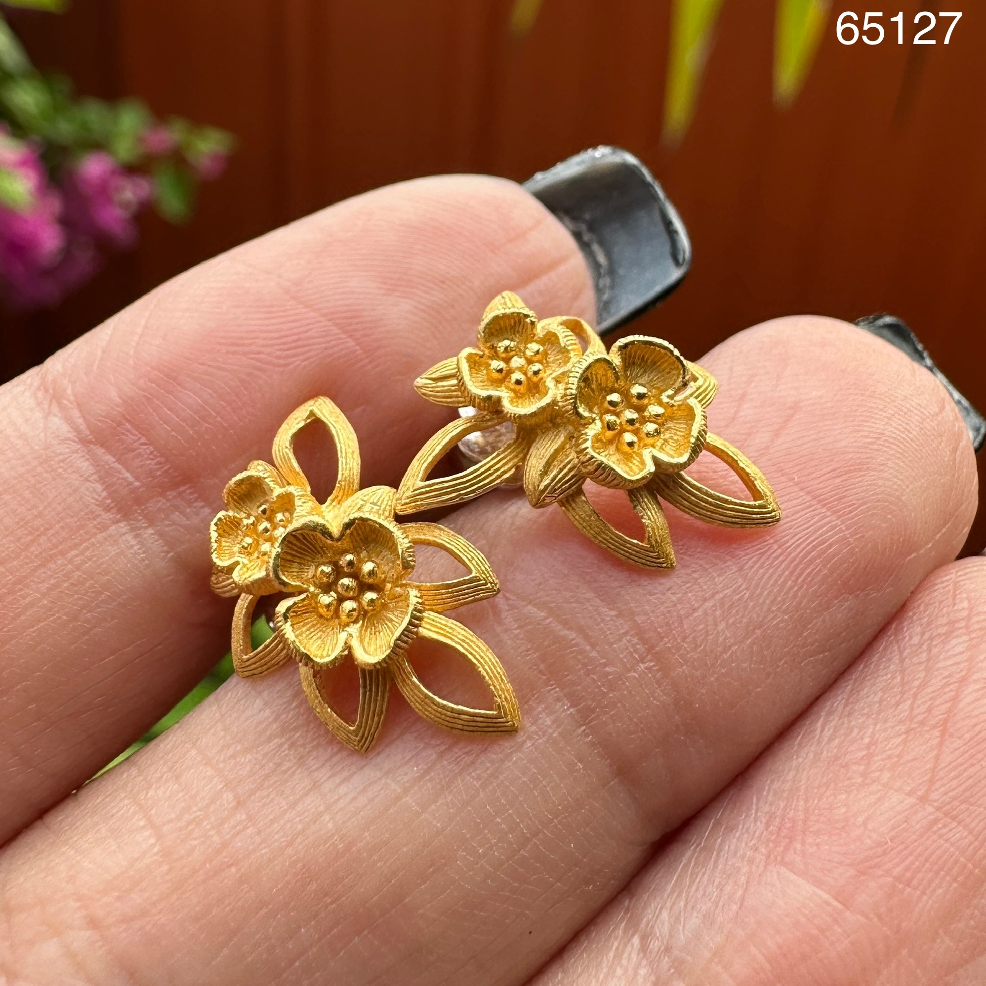 รหัส 65127 ต่างหู Prima Gold ทอง24K ลายใบไม้ แป้นทอง14K งานสวย น่ารักมาก นน. 5.00 g