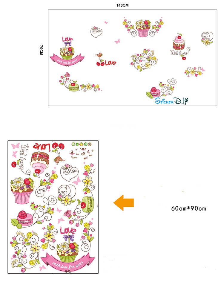 Transparent wall sticker สติ๊กเกอร์ติดผนัง Love cakes (กว้าง140m.xสูง70cm.)