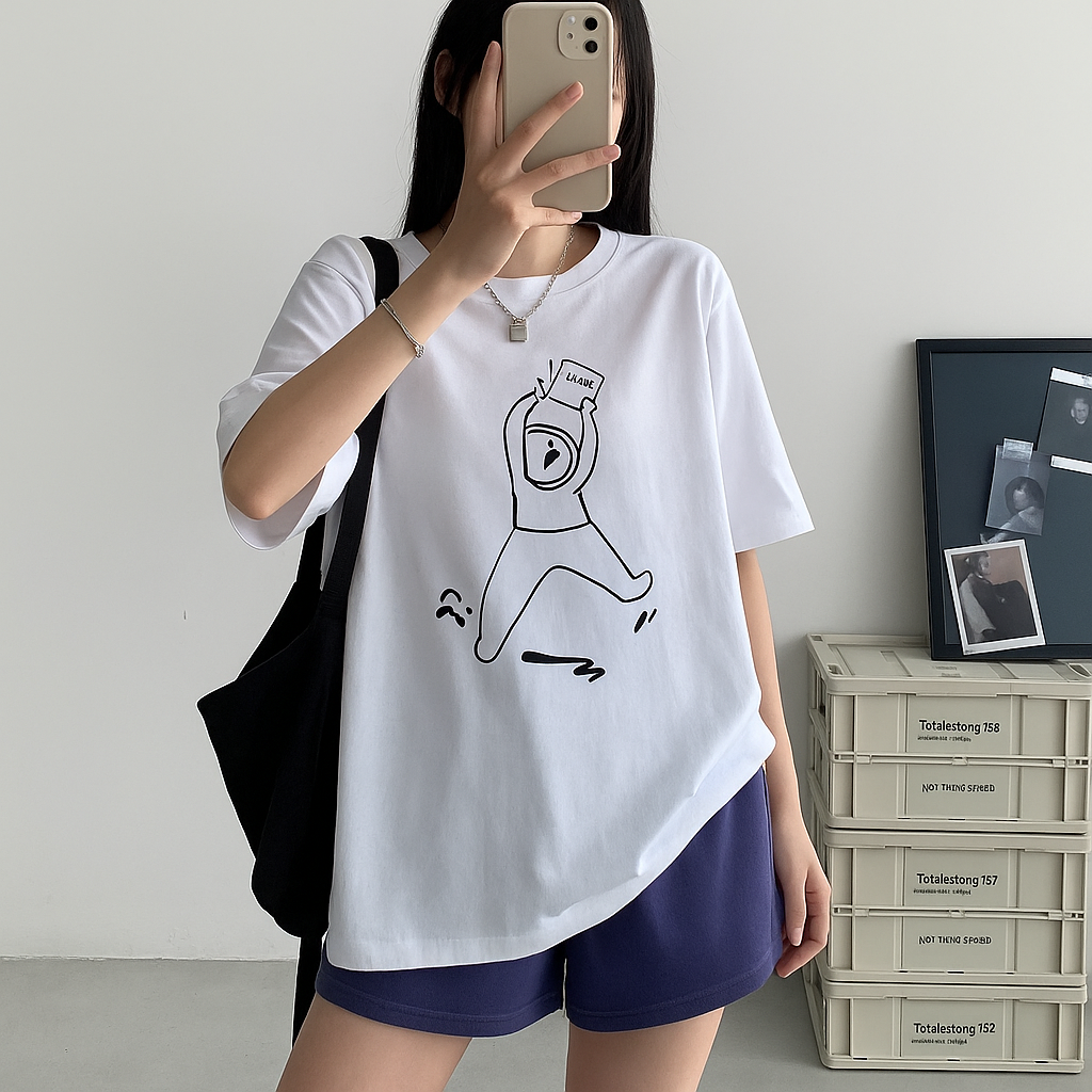 P31011 เสื้อยืดแฟชั่น สีขาว ผ้ายืดเนื้อนิ่ม พิมพ์ลายการ์ตูน