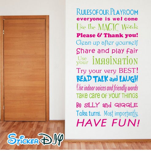 Vinyl wall sticker สติ๊กเกอร์ติดผนัง RULES! OF OUR PLAYROOM (กว้าง120cm.xสูง57cm.)
