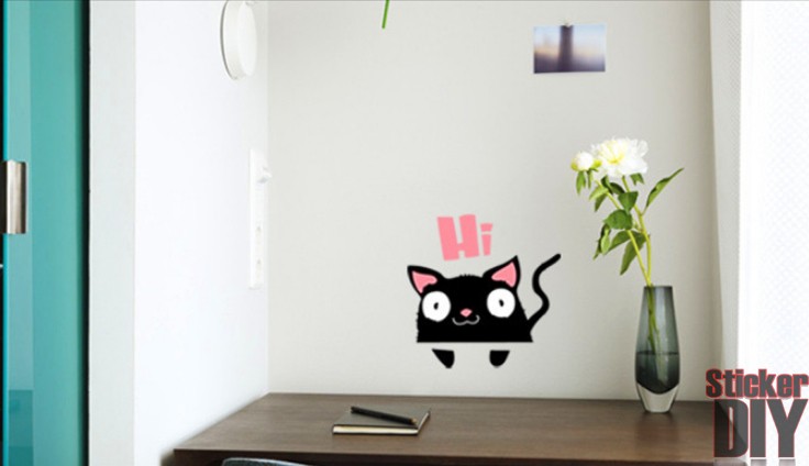 Transparent Wall Sticker สติ๊กเกอร์ติดผนัง Cat "HI" (กว้าง17cm.xสูง10cm.)