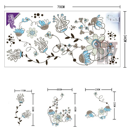 Transparent Wall sticker สติ๊กเกอร์ติดผนัง ดอกไม้ลายเส้นสีฟ้าFreesize