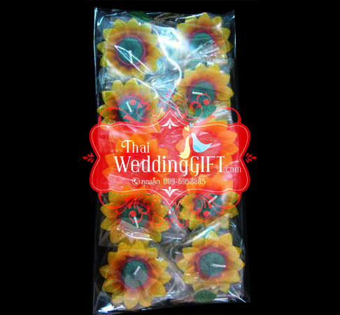 เทียนหอมลอยน้ำดอกทานตะวัน แพ็คถุงแก้ว ผูกเชือกพร้อมใบไม้