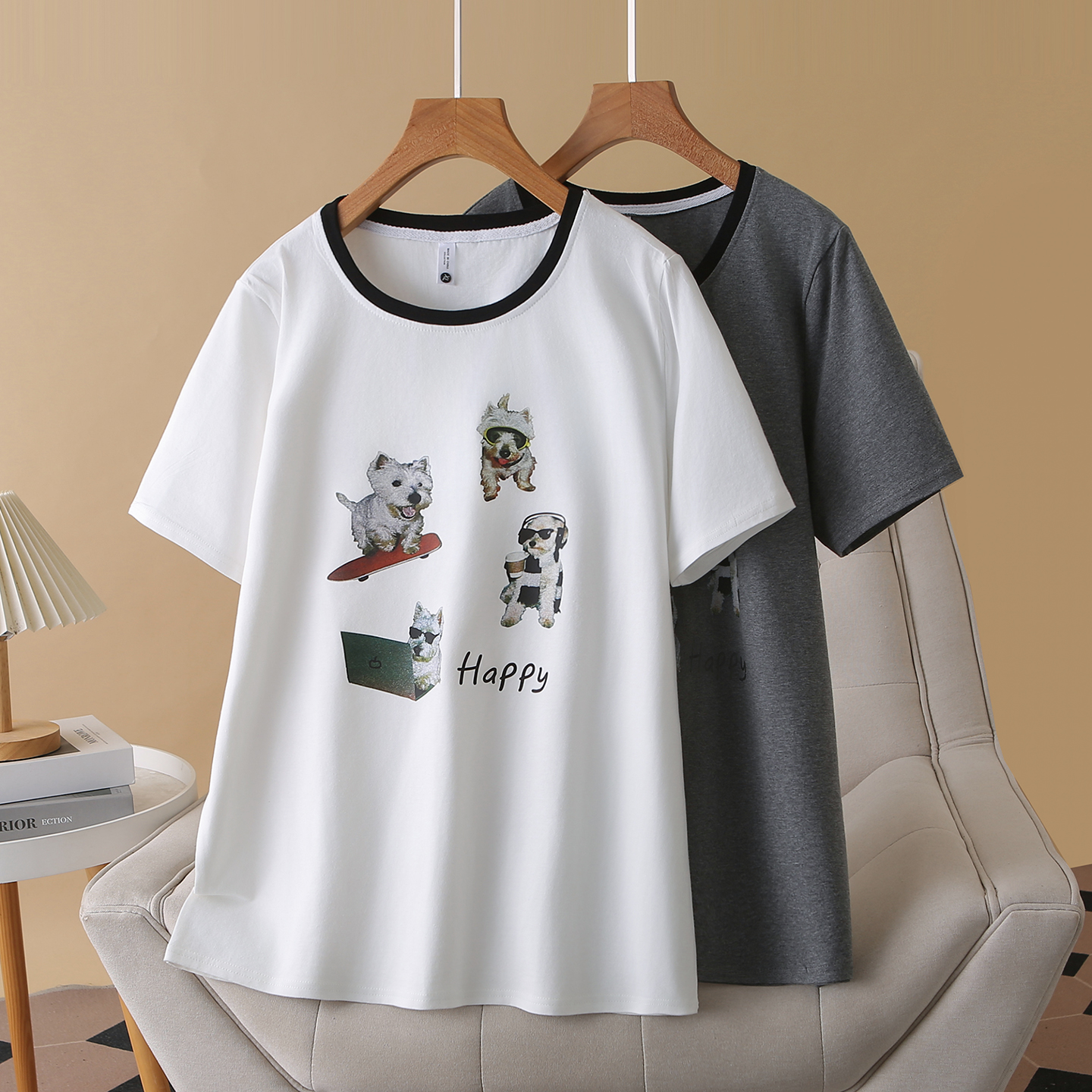 P4108 เสื้อยืดทรงปล่อย ผ้ายืดเนื้อนิ่มมาก สกรีนลายน้องหมา 2 สี