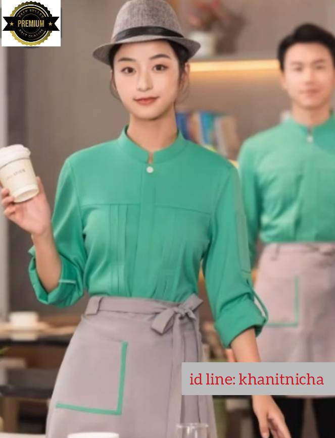 ชุดพนักงานร้านกาแฟ ชุดพนักงานร้านอาหาร โรงแรม รีสอร์ท สีส้ม สีเหลือง สีเขียว สีแดง สีดำ