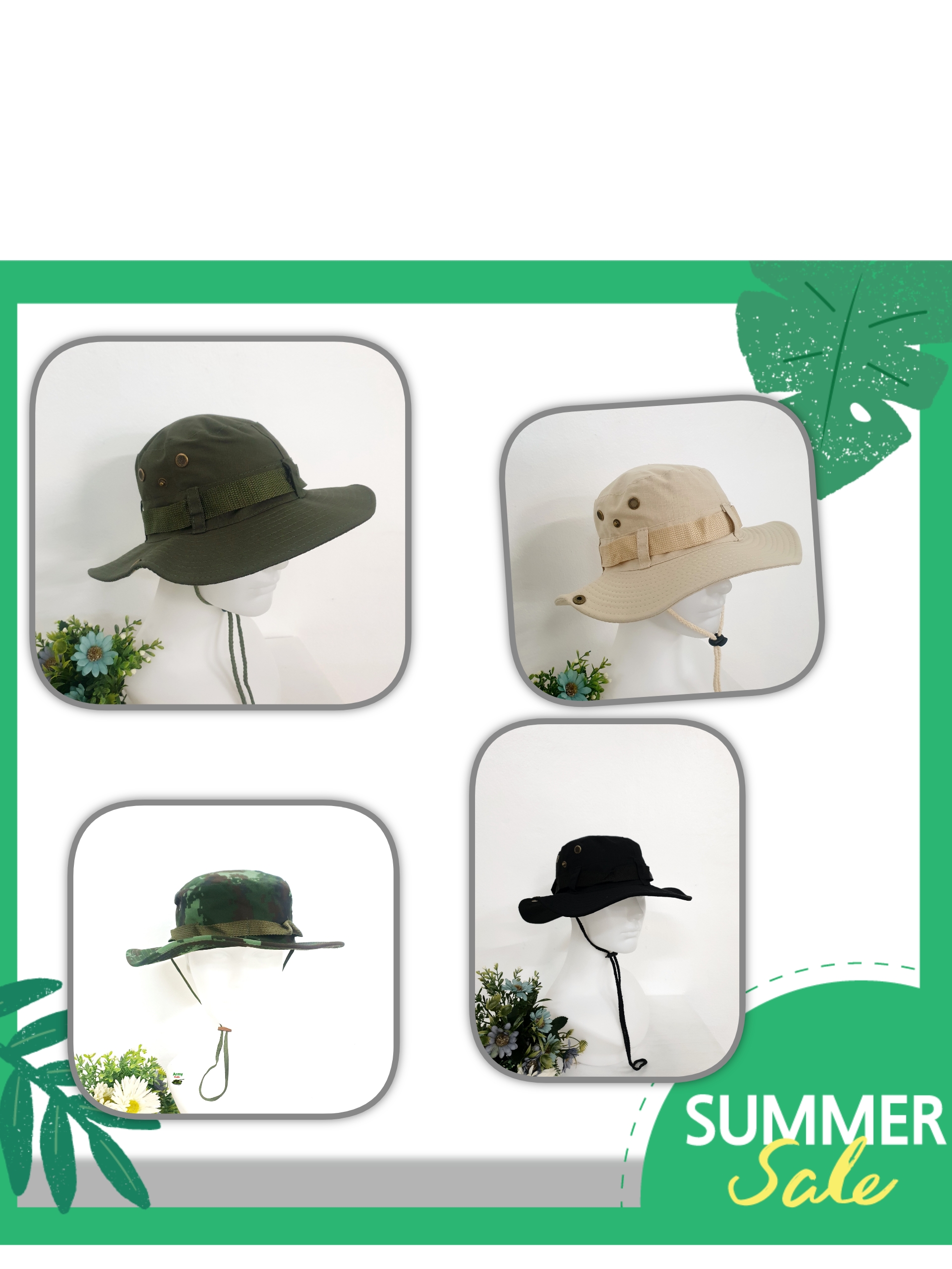 หมวกปีกกว้าง ลายพราง สีพื้น ใส่กันแดด เดินทางท่องเที่ยว เดินป่า ใส่ได้ทั้งผู้ใหญ่ และเด็ก