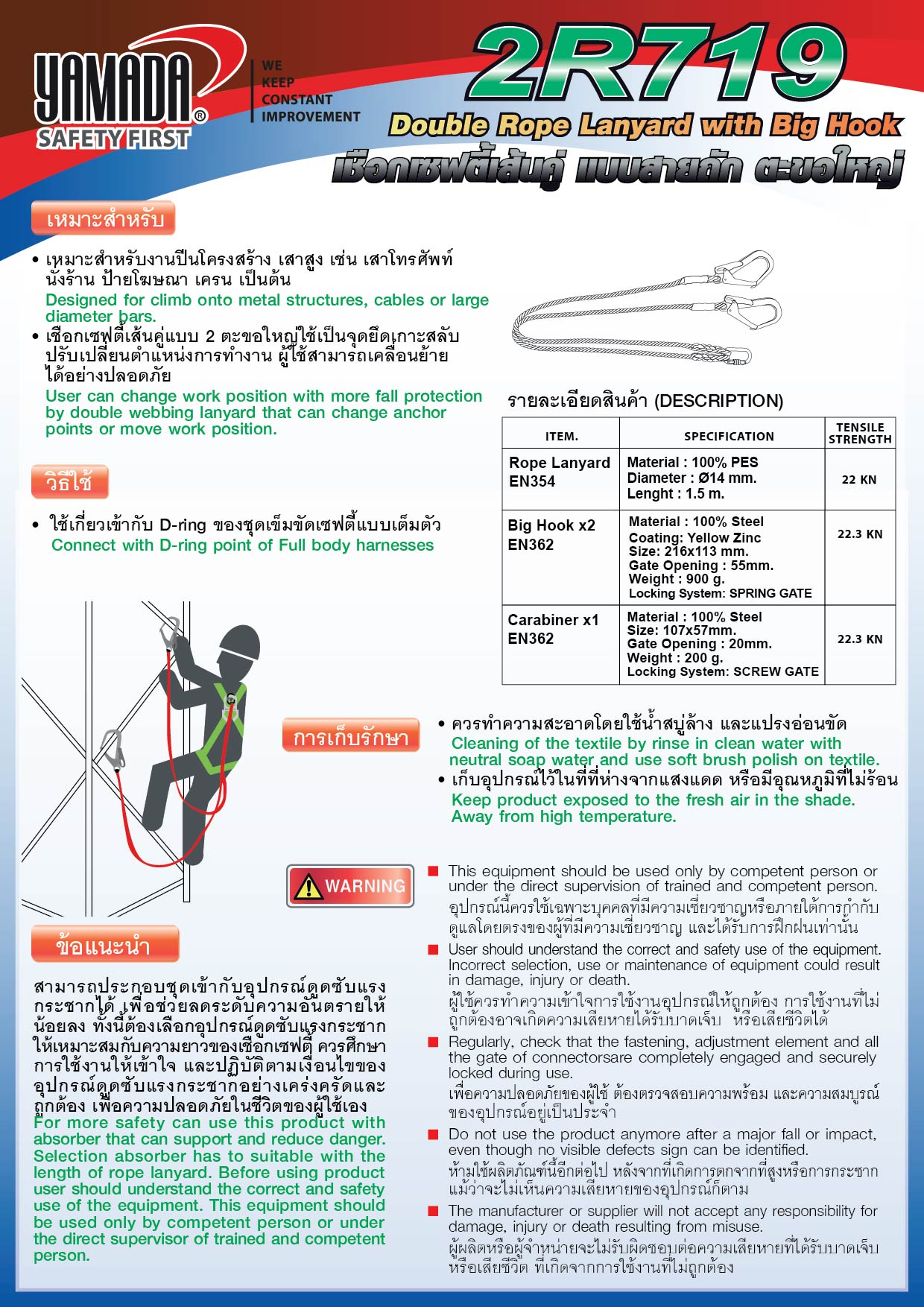 สายเซฟตี้เส้นคู่ สายถัก ตะขอใหญ่ รุ่น 2R719 ยี่ห้อ YAMADA