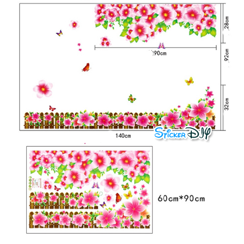 Transparent Wall Sticker สติ๊กเกอร์ติดผนัง แต่งขอบรั้วบานบุรี สีชมพูเข้ม (กว้าง140cm.xสูง92cm.)