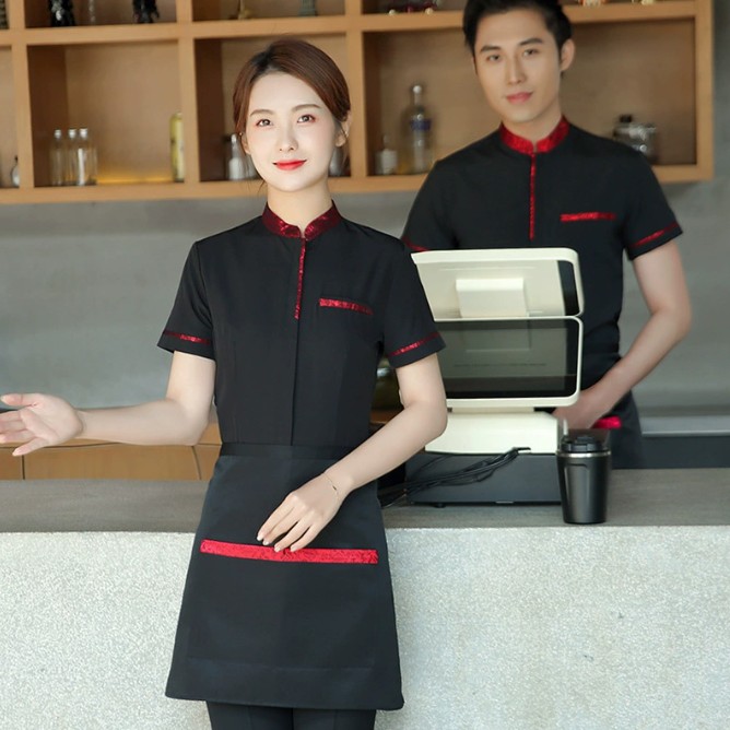 ชุดพนักงานเสริฟ ชุดพนักงานร้านอาหาร ร้านกาแฟ รีสอร์ท สีดำ สีแดง