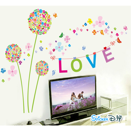 Transparent wall sticker สติ๊กเกอร์ติดผนัง ดอกไม้สีสัน LOVE (กว้าง165cm.xสูง120cm.)