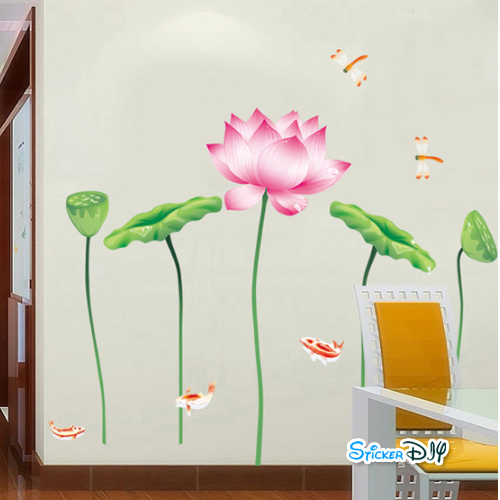 Transparent wall sticker สติ๊กเกอร์ติดผนัง ดอกบัวนำโชคกะแมลงปอ "ความเจริญรุ่งเรือง" (กว้าง180cm.xสูง130cm.)
