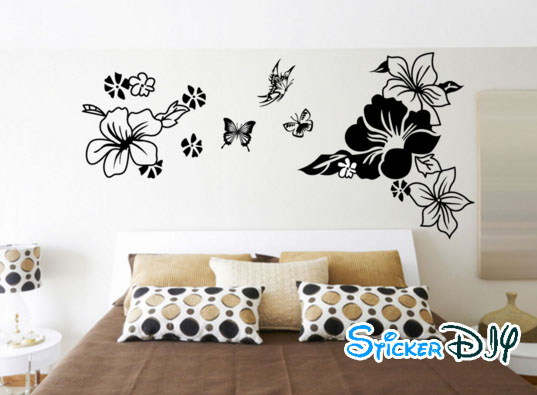 Transparent wall sticker สติ๊กเกอร์ติดผนัง ดอกชบาสีดำ (กว้าง110cm.xสูง50cm.)