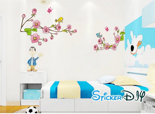Transparent wall sticker สติ๊กเกอร์ติดผนัง กิ่งไม้ดอกชมพูและนกคู่ (กว้าง190cm.xสูง50cm.)