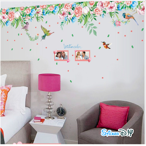 Transparent Wall Sticker สติ๊กเกอร์ติดผนังแต่งขอบ กรอบรูป "Water Color Roses" (กว้าง170cm.xสูง55cm.)