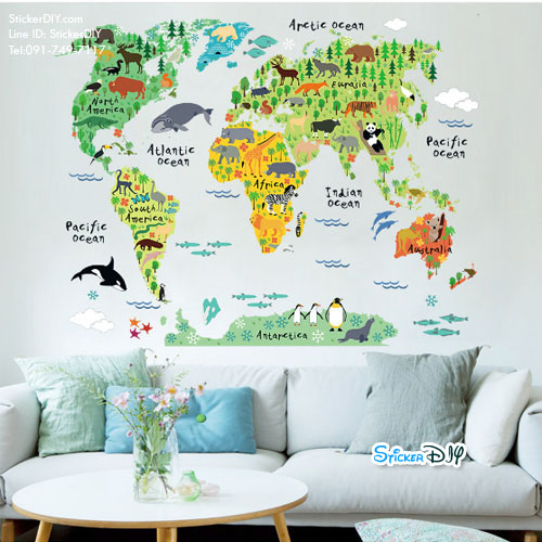 Transparent wall sticker สติ๊กเกอร์ติดผนัง Animal world map (กว้าง95cm.xสูง73cm.)