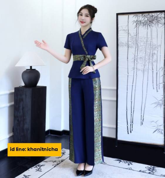ชุดนวดสปาหญิง ชุดสปาโรงแรม ชุดนวดแผนไทย สีกรมน้ำเงิน