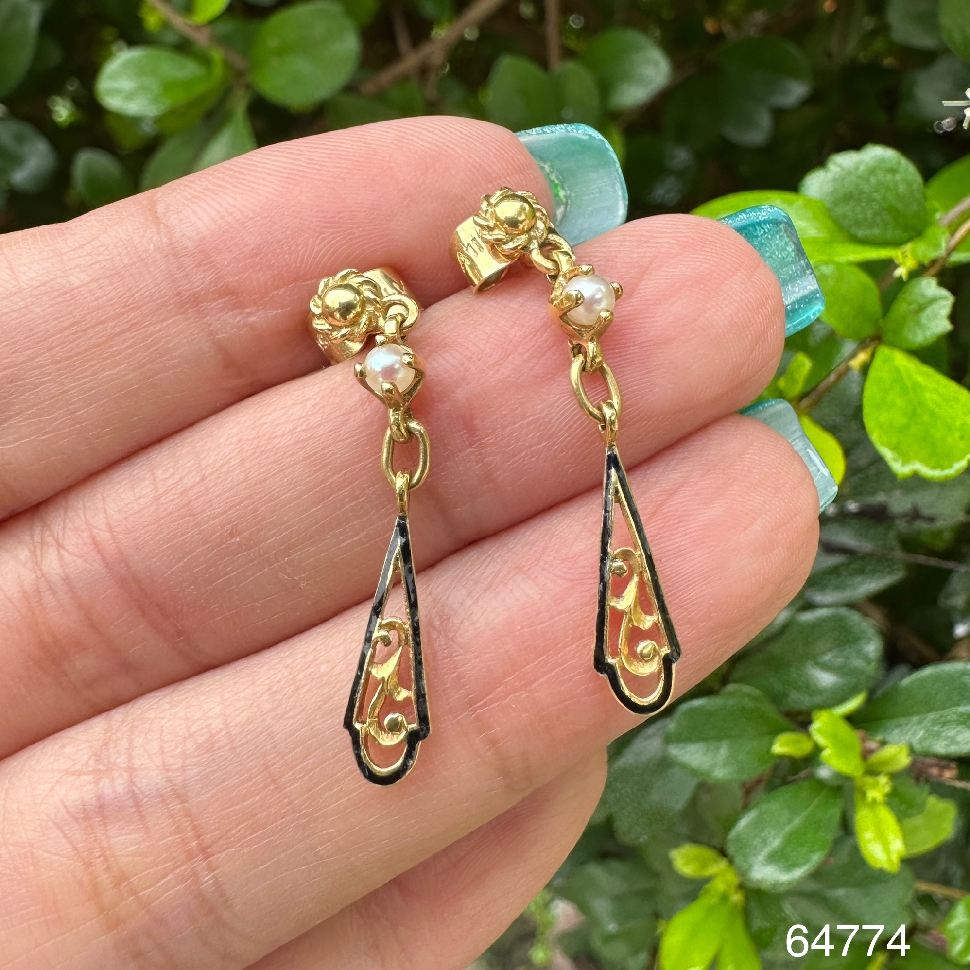 รหัส 64774 ต่างหู มุก ตุ้งติ้ง ทองลงยา ทอง18K นน. 3.00 g
