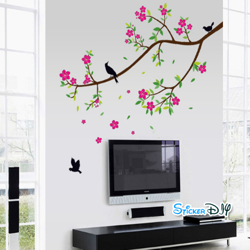Transparent Wall Sticker สติ๊กเกอร์ติดผนัง นกกิ่งไม้ สีชมพู (กว้าง107cm.xสูง77cm.)