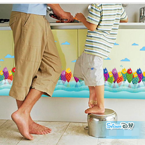 Transparent wall sticker สติ๊กเกอร์ติดผนังแต่งขอบ ปลาหลากสี (กว้าง136cm.xสูง40cm.)