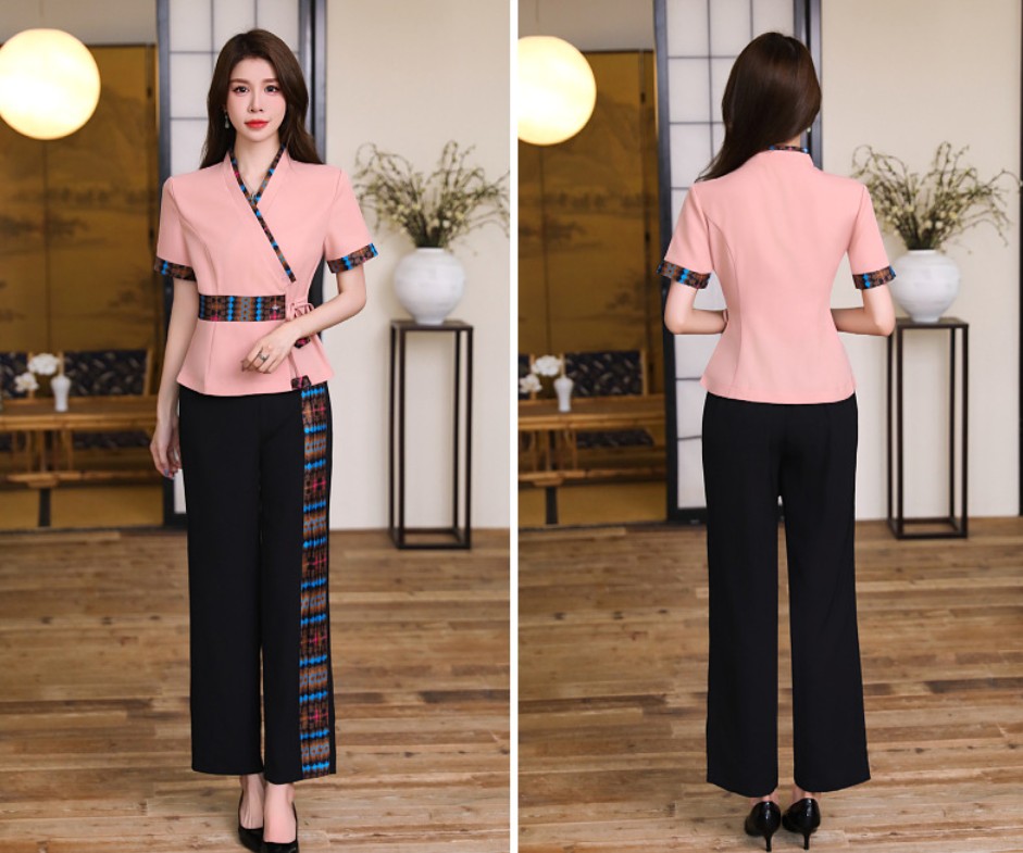 ชุดช่างนวดไทยและแช่เท้าผู้หญิง ชุดทำงานเสริมสวย สปา คลับสุขภาพ ร้านเสริมสวย ชุดสูทแขนสั้น