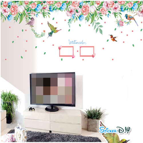 Transparent Wall Sticker สติ๊กเกอร์ติดผนังแต่งขอบ กรอบรูป "Water Color Roses" (กว้าง170cm.xสูง55cm.)