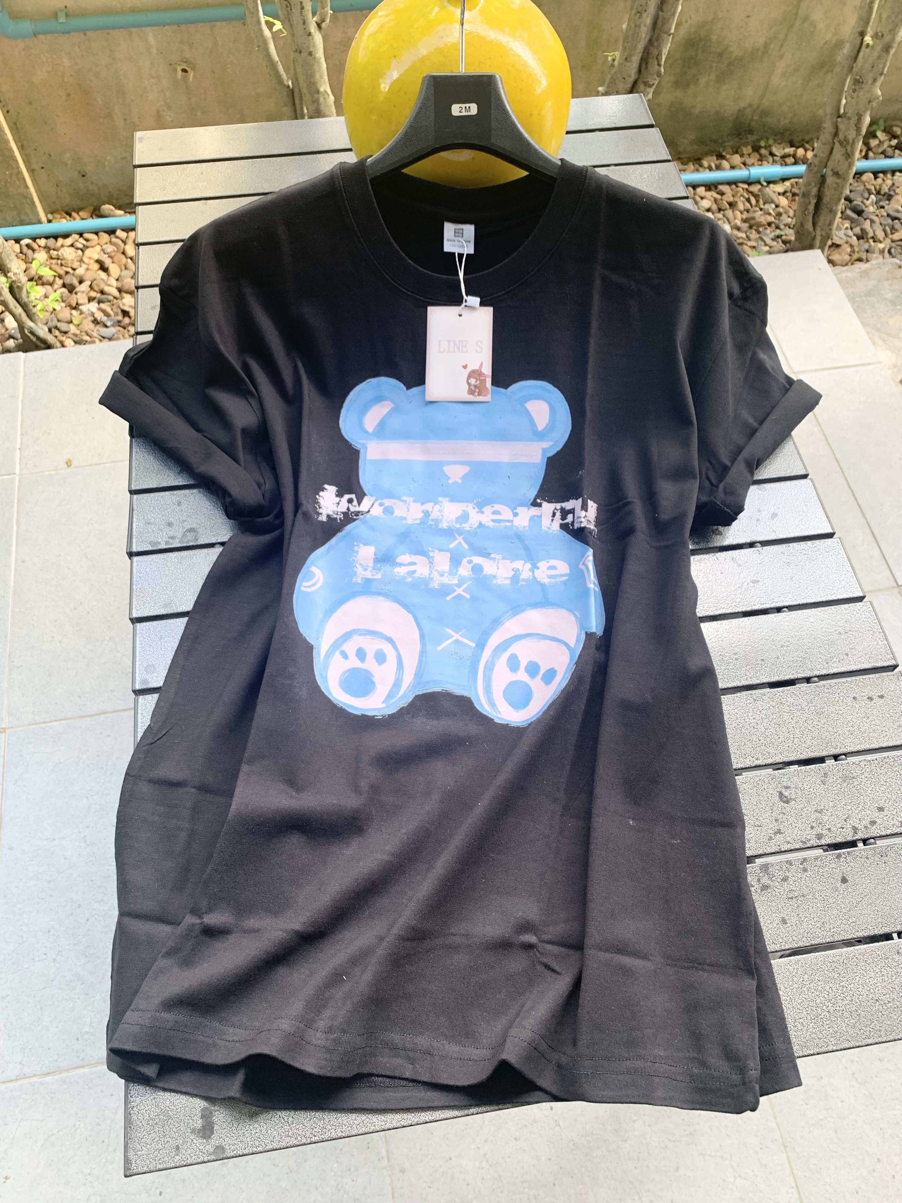 P69301 เสื้อยืดทรงปล่อยสีดำ ผ้ายืดเนื้อดี สกรีนลายการ์ตูน