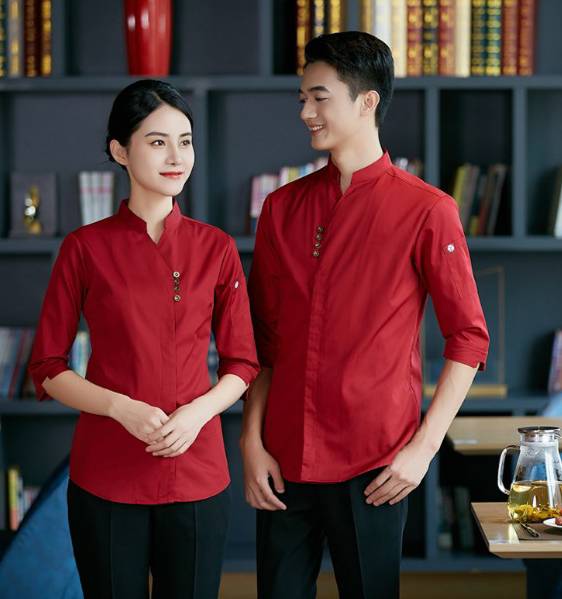 ชุดพนักงานเสริฟร้านกาแฟ ชุดพนักงานร้านอาหาร สีน้ำตาล สีแดง สีดำ