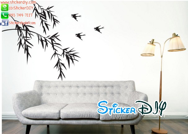 Transparent wall sticker สติ๊กเกอร์ติดผนัง กิ่งไผ่นกนางแอ่นสีดำ (กว้าง80cm.xสูง70cm.)