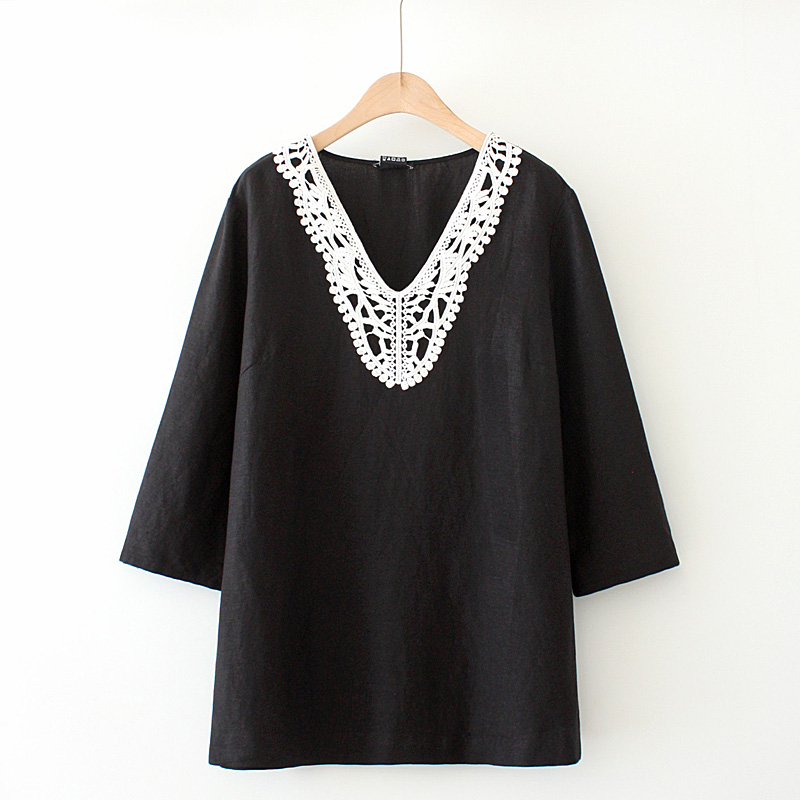 P5219 เสื้อทรงปล่อย ผ้าฝ้ายเนื้อดี นิ่ม พริ้ว สีดำ แต่งลูกไม้