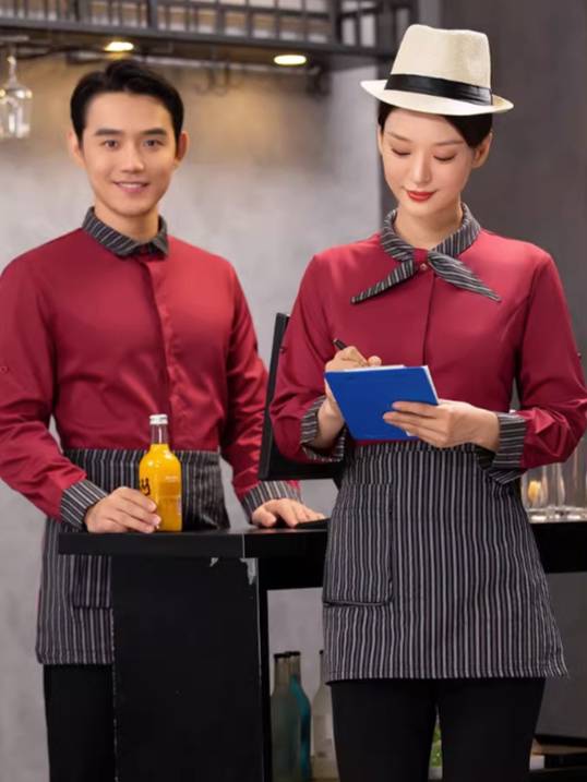 ชุดฟอร์มพนักงานเสริฟสีดำ สีขาว สีแดง ชุดพนักงานร้านอาหาร ชุดร้านกาแฟ โรงแรม รีสอร์ท