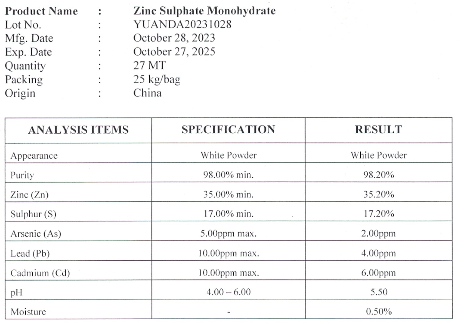 ZnSO4.H2O Zinc Sulphate monohydrate ซิงค์ซัลเฟต สังกะสีซัลเฟต (ประกอบด้วยธาตุ Zn 35%) บรรจุ 25 กิโลกรัม