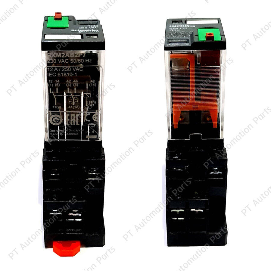 รีเลย์พร้อมซ็อกเก็ต ชไนเดอร์ Schneider Electric RXM2AB2P7 RXZE1M2C 230VAC 12A 2คอนแทค 8ขา มีไฟแสดงสถานะ LED
