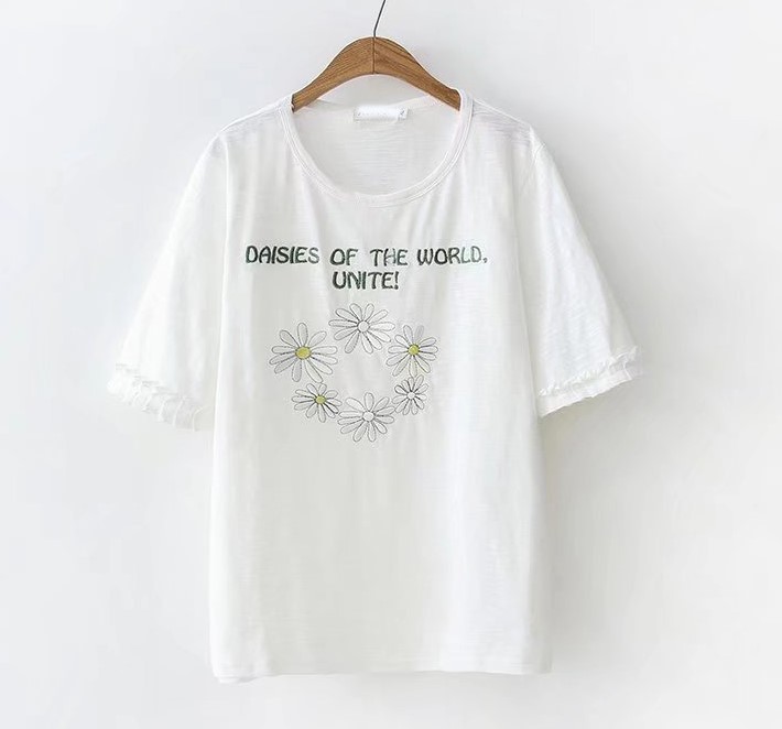 P86611 เสื้อยืดแฟชั่น ผ้ายืดเนื้อดี แต่งงานปัก 2 สี ฟ้า ขาว