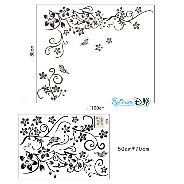 Transparent wall sticker สติ๊กเกอร์ติดผนัง Flower vine butterfly สไตล์ C (กว้าง100cm.xสูง80cm.)