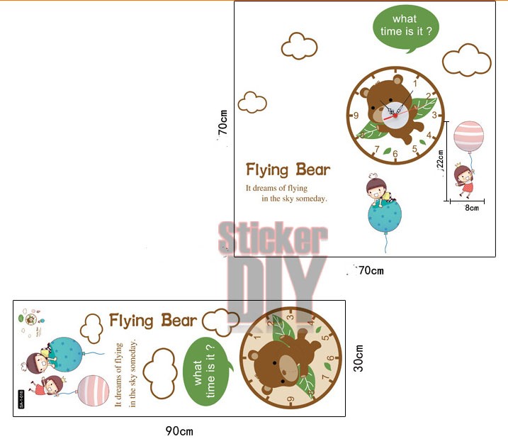 Transparent wall clock sticker สติ๊กเกอร์นาฬิกาติดผนัง Flying bear (กว้าง70cm.xสูง70cm.)