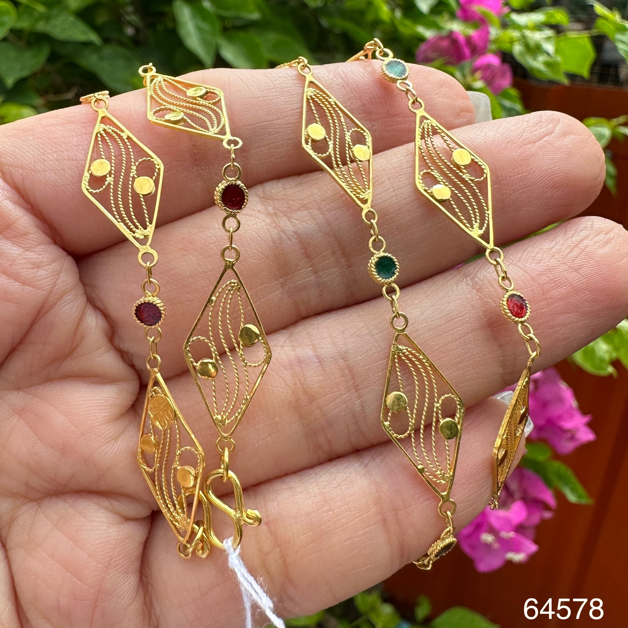 รหัส 64578 สร้อยคอ ทองลงยา ลายข้าวหลามตัด ฉลุลาย ทอง90 ความยาว 27 นิ้ว สวมหัวได้ นน. 11.04 g