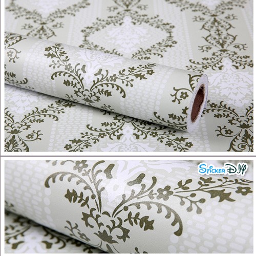 (กว้าง45cm.xยาว10m.)Wallpaper sticker วอลเปเปอร์แบบกาวในตัว ลายหลุยส์ สไตล์S สีเขียว