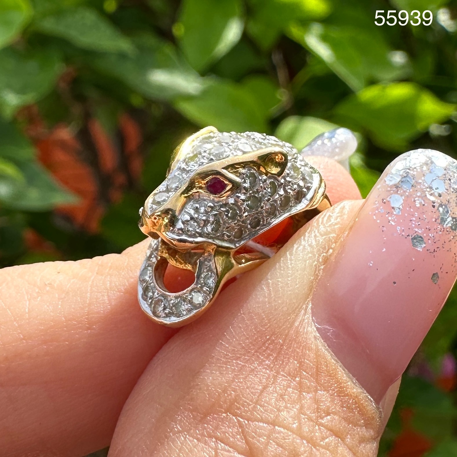 รหัส 55939 จี้ หัวเสือ ฝังเพชร 59 / 0.59 กะรัต ทอง18K งานสวยมาก นน. 3.98 g